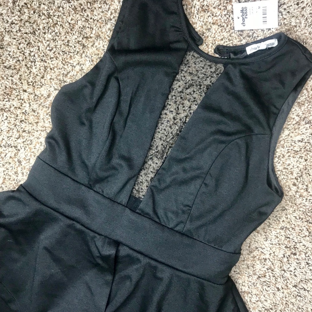 Black Party Dress. NWT. Mesh Plunge. Peplum. Sz M